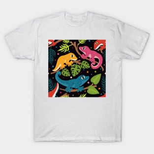 Colourful Geckos with Jungle Leaves and Stars on Black T-Shirt